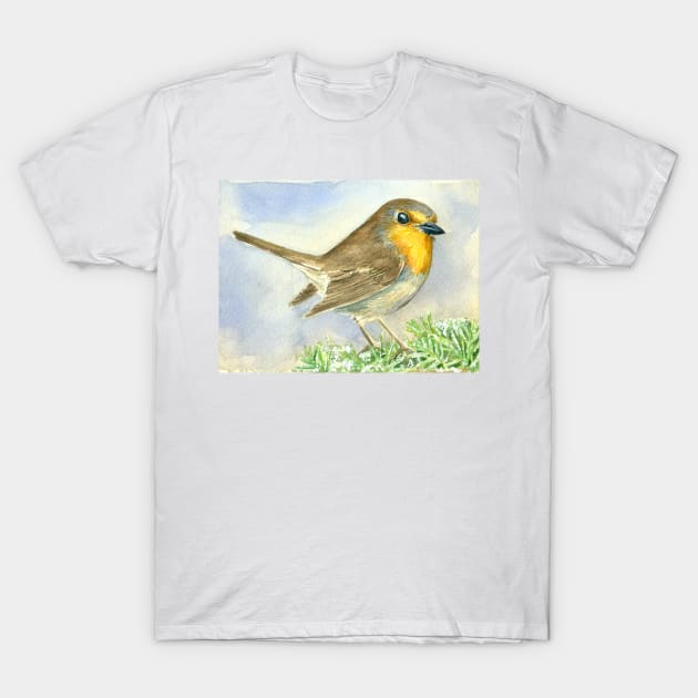Robin bird on a frosted juniper branch T-Shirt by katerinamk